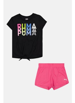 PUMA Kids Girl 2 Pcs Sportswear Fit Brand Logo Top And Shorts Set, Black/Pink  - Image 1