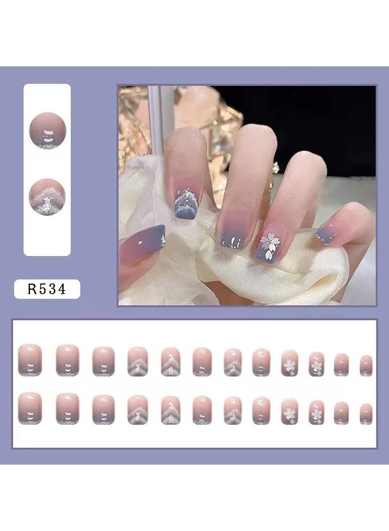 SYOSI 24 Pcs Flower Press on Nails Short Square Fake Nails Nude Purple Cloud Mountains Design French False Nails Full Cover Artificial Nails Stick on Nails for Women Girls Acrylic Nails Manicure Decorations  - Image 2