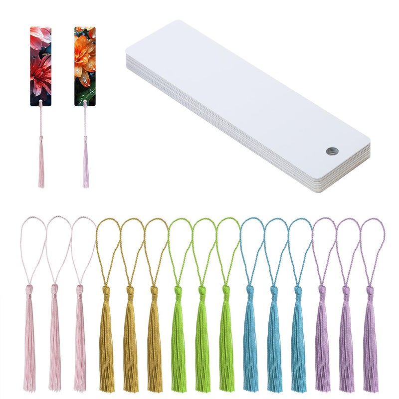 PPhtony Sublimation Blank Bookmarks 15Pcs Double-Side Heat Transfer Metal Craft Book Marker with 15Pcs Colorful Silky Tassels for Birthday Wedding DIY Projects and Gift Tag (3.2x12cm, Rectangle) - Image 1