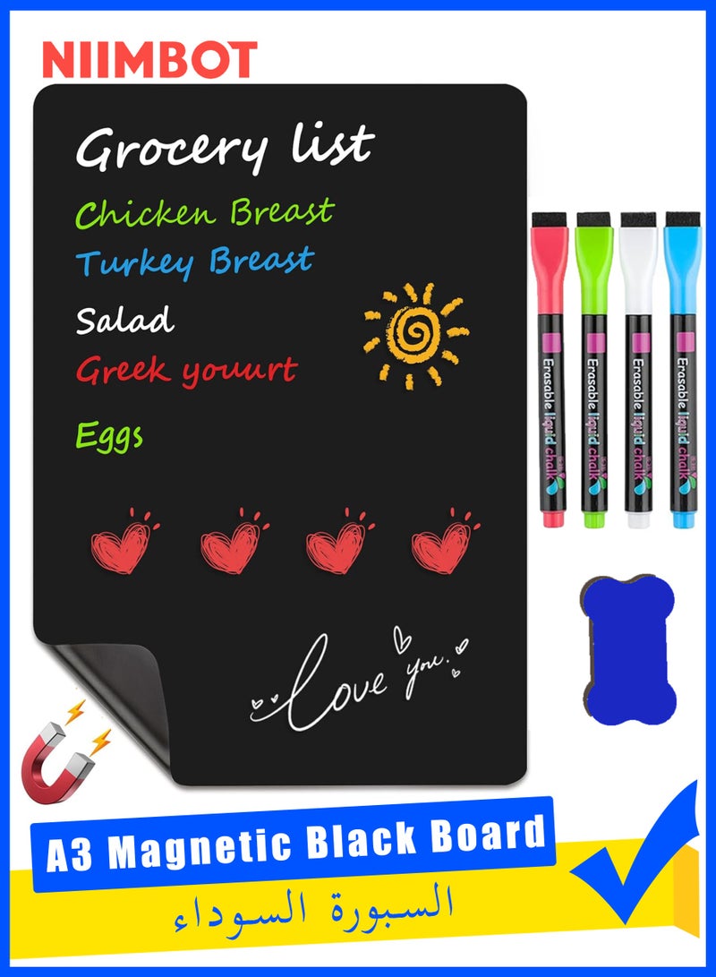 نيمبوت A3 لوح مغناطيسي اسود قابل للمسح الجاف للثلاجة،29.7*42cm لوح ابيض مغناطيسي للثلاجة مقاس للمطبخ، قائمة تسوق الثلاجة لمخطط العائلة وقائمة البقالة، 4 اقلام طباشير - Image 1