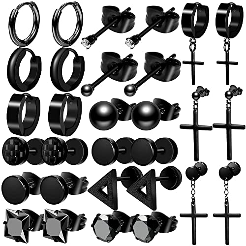 ONESING 15 Pairs Earrings for Men Black Stud Earrings Mens Earrings Stainless Steel Stud Earrings Set for Men Women Jewelry Piercing Hoop Earrings - Image 1
