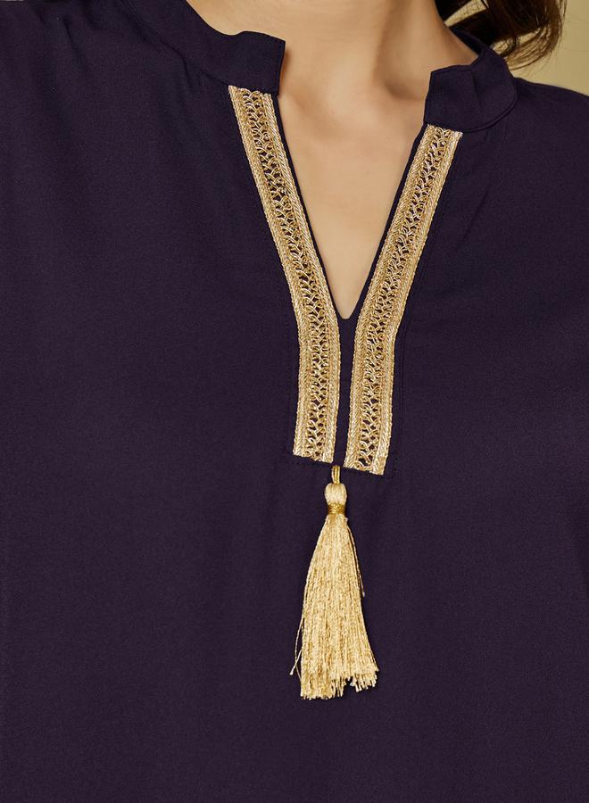 Styli Lace Insert V-Neck Jalabiya with Tassel Detail - Image 3