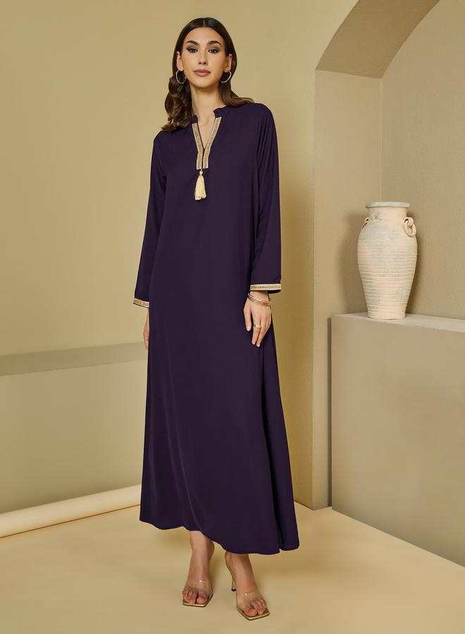 Styli Lace Insert V-Neck Jalabiya with Tassel Detail - Image 1