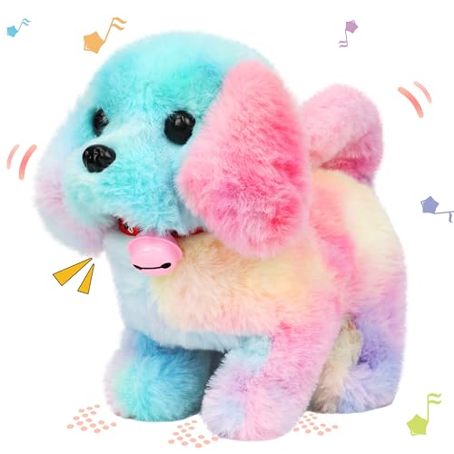 Hopearl Walking Dog with Bell Interactive Electronic Pet Plush Toy Puppy Woof and Moving Animated Nodding Head Gifts for Toddlers Birthday Rainbow 7 - Image 1
