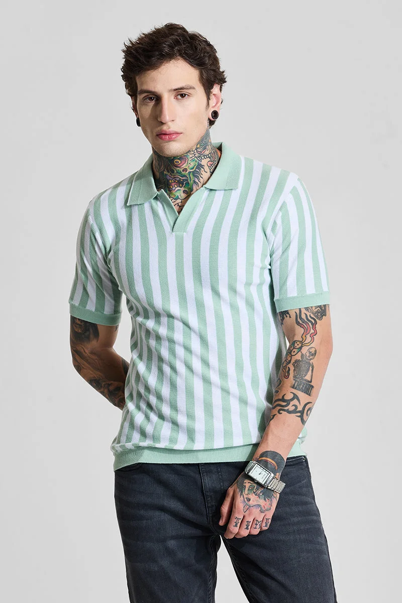 سنيتش Light Green Striped Half Sleeve Slim Fit T-Shirt