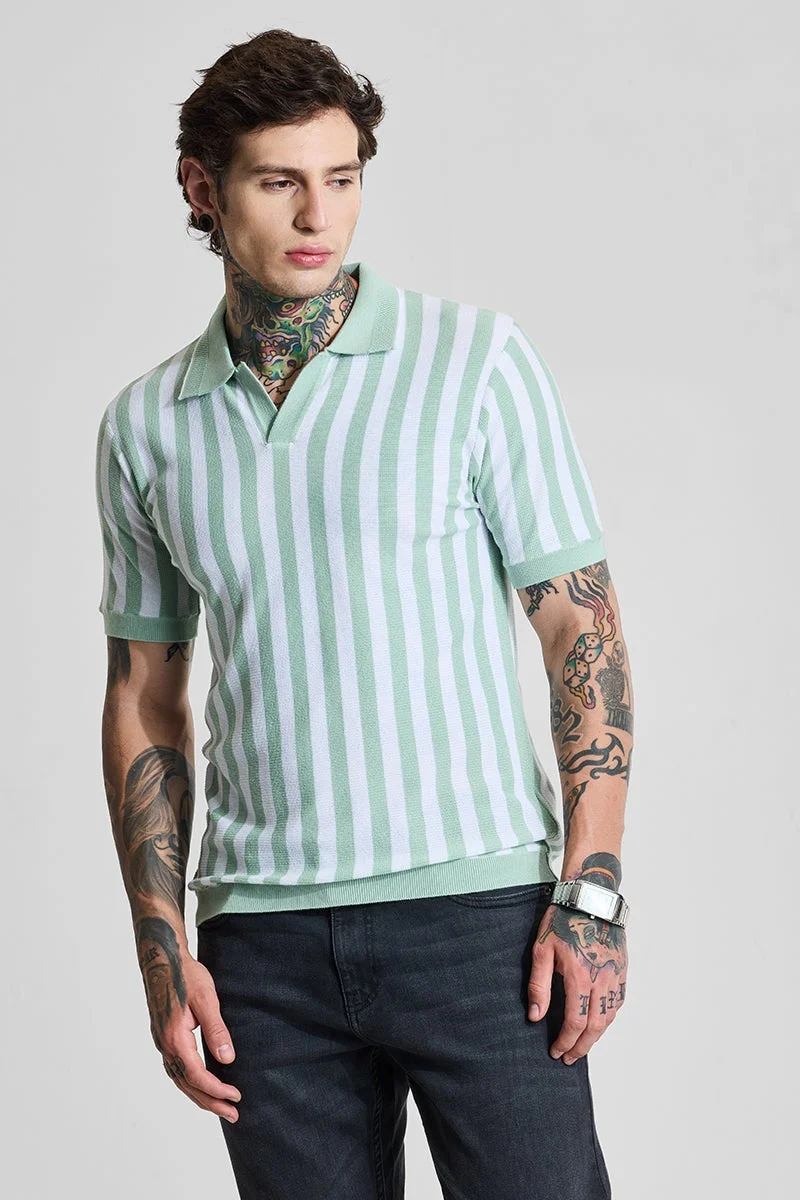 SNITCH Light Green Striped Half Sleeve Slim Fit T-Shirt