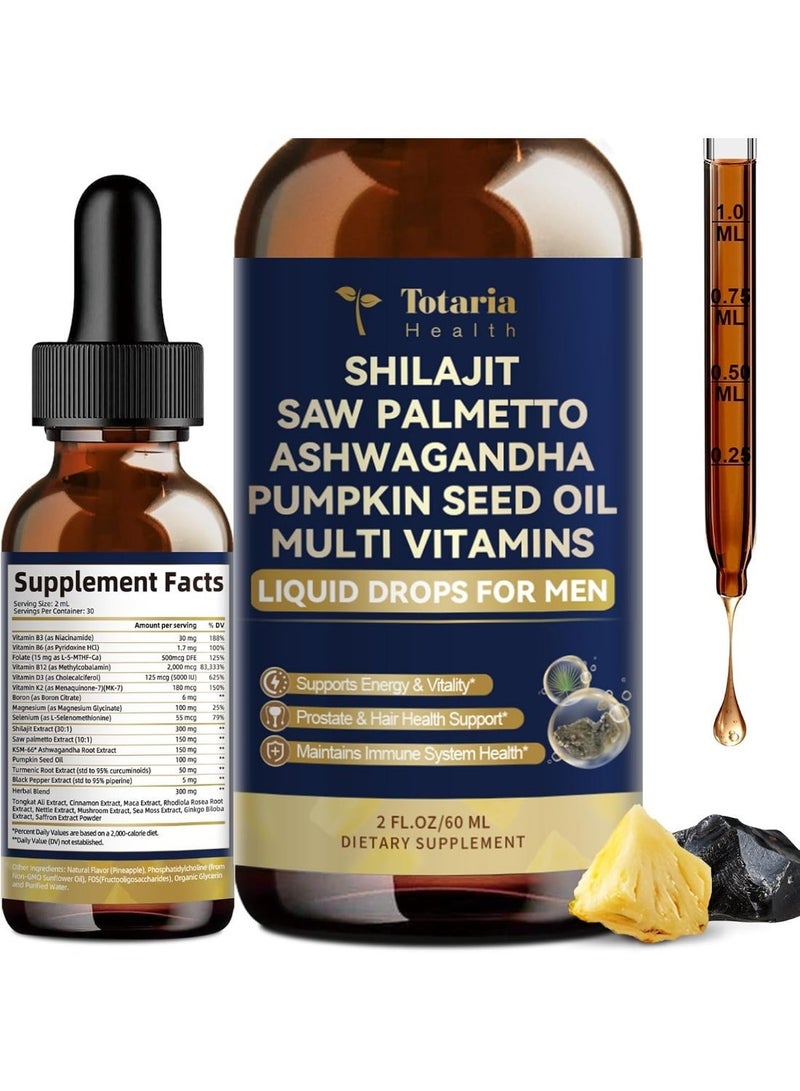 Totaria 5-in-1 Shilajit Liquid Drops for Men with Saw Palmetto, Ashwagandha, Pumpkin Seed Oil & Sea Moss , Supports Prostate, Hair, Energy & Immunity , Pineapple Flavor , 60 ML - Image 1