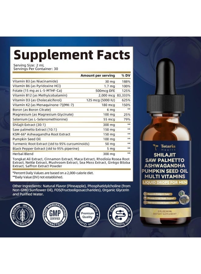 Totaria 5-in-1 Shilajit Liquid Drops for Men with Saw Palmetto, Ashwagandha, Pumpkin Seed Oil & Sea Moss , Supports Prostate, Hair, Energy & Immunity , Pineapple Flavor , 60 ML - Image 5
