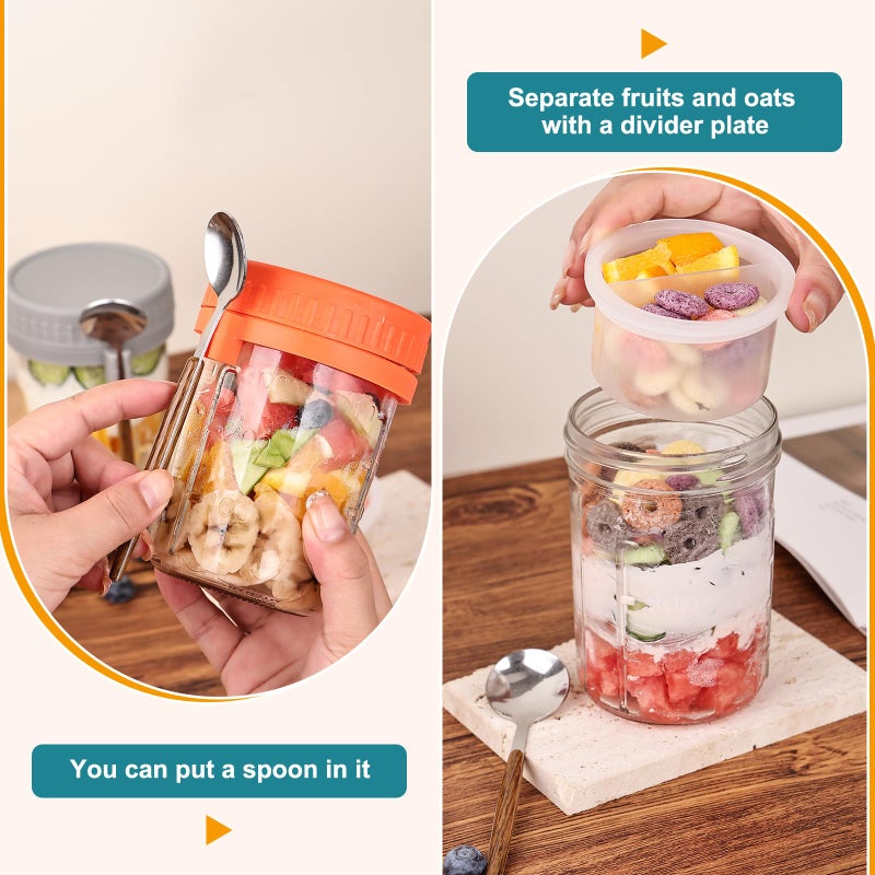 Wells 6 Pack Overnight Oats Containers with Lids and Spoons, 16 OZ Glass Mason Jars with Removable Separate Compartments, Airtight Leak Proof Oatmeal Container for Chia Pudding, Yogurt, Breakfast, Cereal - Image 3