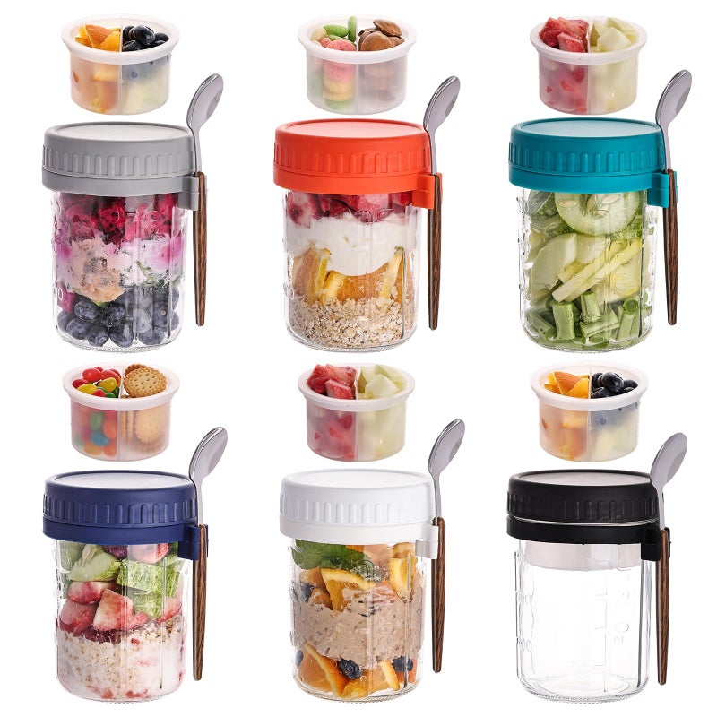 Wells 6 Pack Overnight Oats Containers with Lids and Spoons, 16 OZ Glass Mason Jars with Removable Separate Compartments, Airtight Leak Proof Oatmeal Container for Chia Pudding, Yogurt, Breakfast, Cereal - Image 1