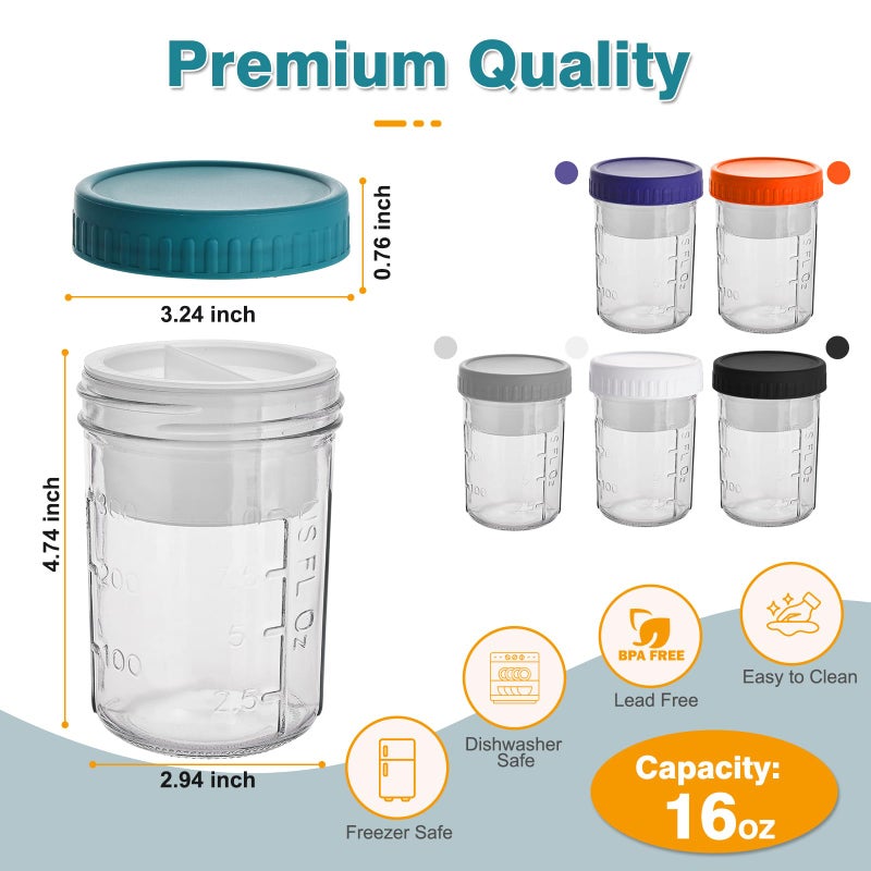 Wells 6 Pack Overnight Oats Containers with Lids and Spoons, 16 OZ Glass Mason Jars with Removable Separate Compartments, Airtight Leak Proof Oatmeal Container for Chia Pudding, Yogurt, Breakfast, Cereal - Image 2