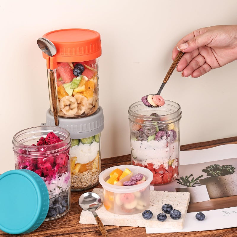 Wells 6 Pack Overnight Oats Containers with Lids and Spoons, 16 OZ Glass Mason Jars with Removable Separate Compartments, Airtight Leak Proof Oatmeal Container for Chia Pudding, Yogurt, Breakfast, Cereal - Image 5