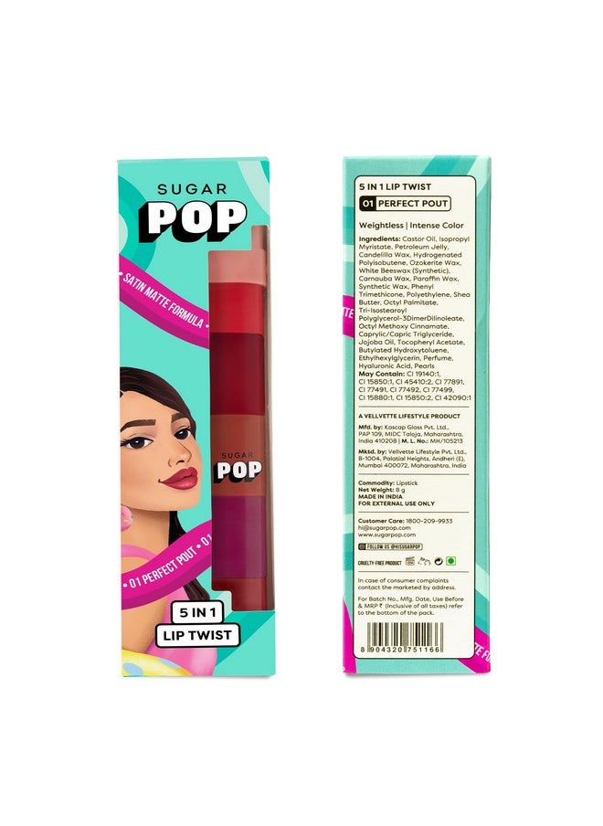 SUGAR POP - 5 In 1 Lip Twist 01 Perfect Pout - 8 Gms - Intense Colour Payoff | Satin Matte Finish | Ultra-Pigmented | Full-Coverage & Long-Wear - Image 1