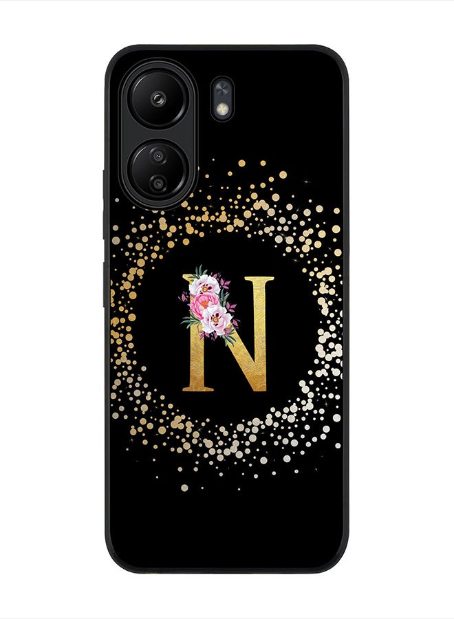 Stylizedd Rugged Black Edge Case for Xiaomi Redmi 13C 4G, Slim fit Case Cover Custom Monogram Initial Letter Floral Pattern Alphabet - N (Black) - Image 1