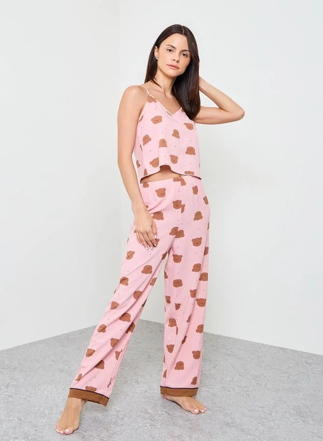 Take Two Pink Teddy Print Cami And Pyjama Set