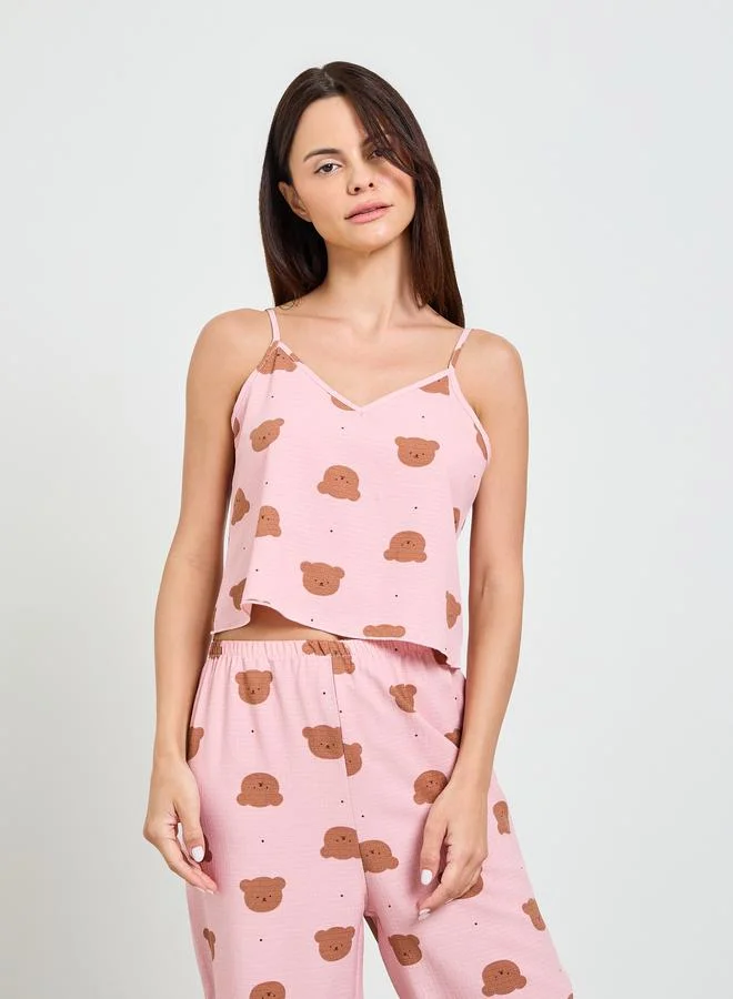 Take Two Pink Teddy Print Cami And Pyjama Set