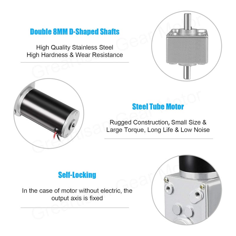 Greartisan DC 12V 5RPM 15Kg.cm 8mm Double Shafts Self-Locking Reversible Worm Gear Motor with Cable, High Torque Speed Reduction Motor, Turbine Electric Gearbox Motor - Image 2