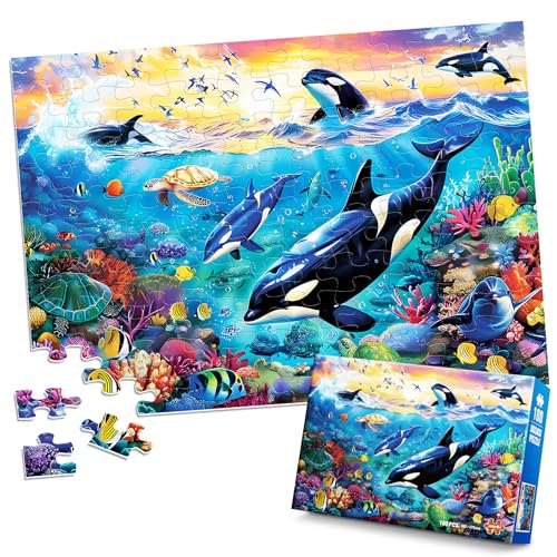 Jeacirio 100 Piece Puzzles for Kids Ages 68 810 Killer Whales Orca 100 Piece Jigsaw Puzzle for Senior Ocean Jigsaw Puzzle for Toddler Children Learning Educational Puzzles Toys for Boys and Girls - Image 1