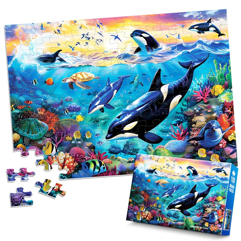 Jeacirio 100 Piece Puzzles for Kids Ages 68 810 Killer Whales Orca 100 Piece Jigsaw Puzzle for Senior Ocean Jigsaw Puzzle for Toddler Children Learning Educational Puzzles Toys for Boys and Girls - Image 3