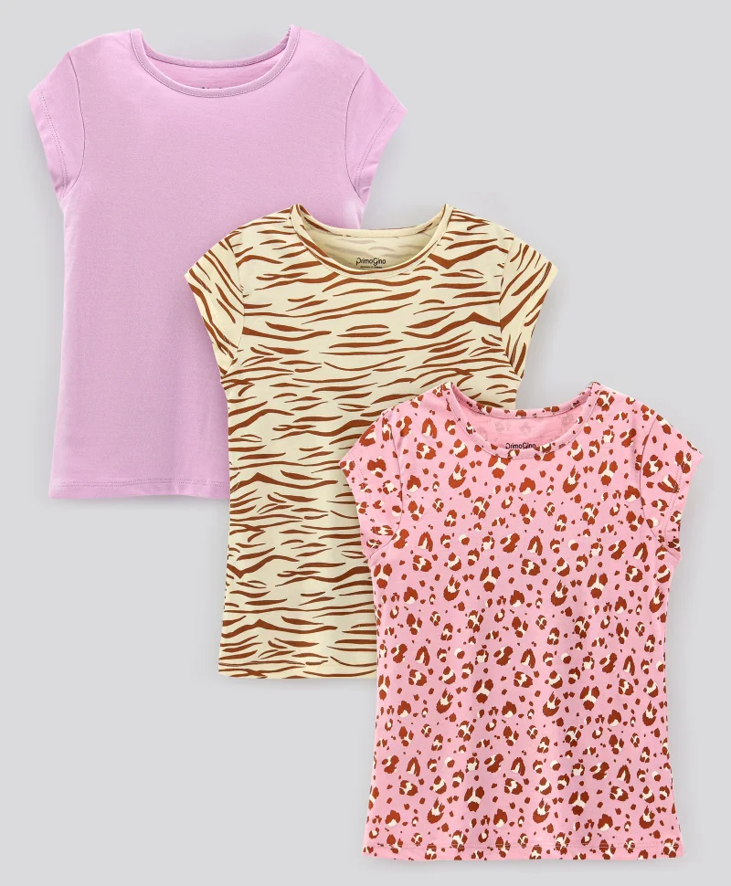 Primo Gino Primo Gino 100% Cotton Short Sleeves T-Shirts Leopard Print Pack of 3 - Pink Beige & Brown