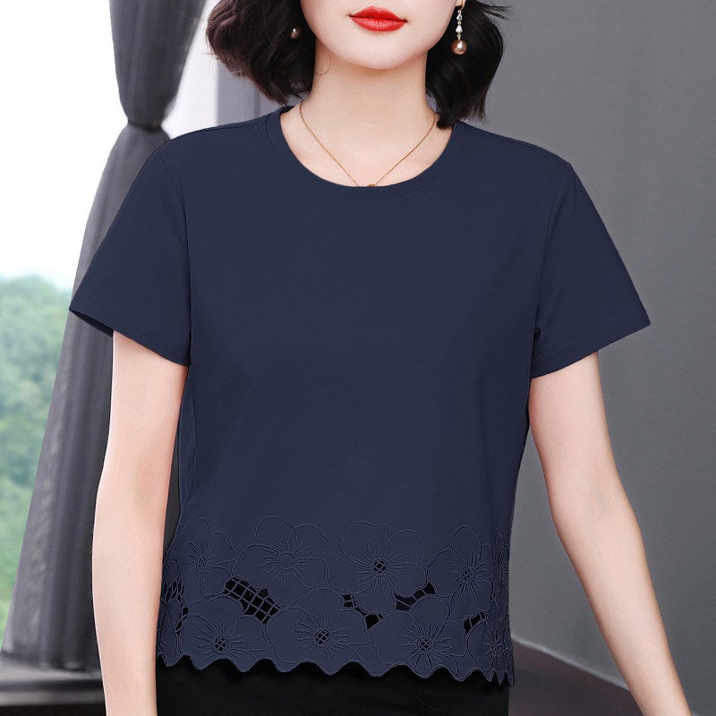 Mom's short-sleeved T-shirt for women, new 2026 summer clothes, anti-aging pure cotton hollowed-out short-sleeved shirt, middle-aged and elderly solid color top - Image 1