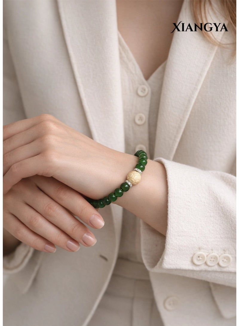 XIANGYA Green Jade Bracelet with Carved Lotus Bead – Natural Gemstone Beaded Jewelry Bracelet for Ladies - Image 2