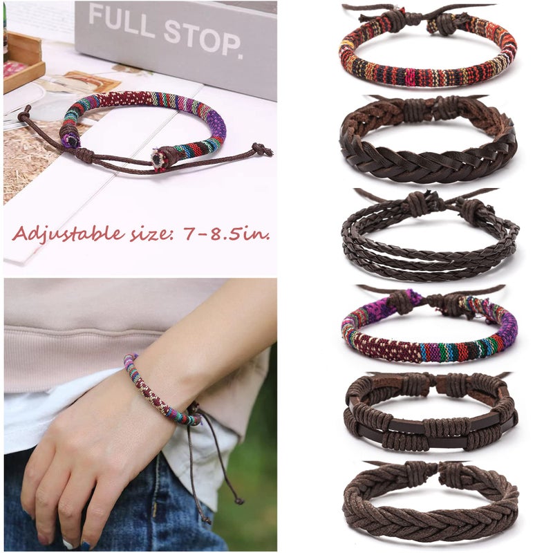 MOZAKA 36Pcs Braided Leather Bracelets for Men Women Handmade Wrap Woven Cuff Bracelets Wooden Beaded Bracelets Vintage Ethnic Tribal Wristbands Bracelet Set Adjustable - Image 3