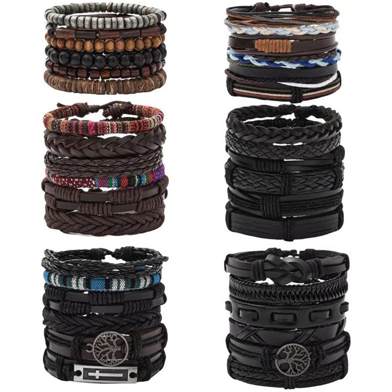 MOZAKA 36Pcs Braided Leather Bracelets for Men Women Handmade Wrap Woven Cuff Bracelets Wooden Beaded Bracelets Vintage Ethnic Tribal Wristbands Bracelet Set Adjustable - Image 1