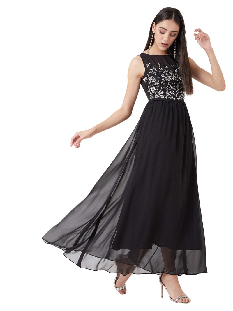Miss Chase Women's Boat Neck Sleeveless Solid Embellished Maxi Dress (Plus Size) (MCAW19D08-45-62-07, Black, 2XL) - Image 1