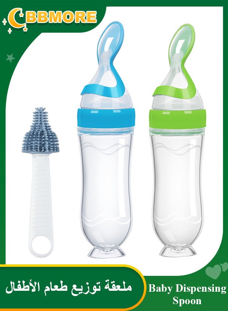 BBMORE 2Packs 90ml Baby Dispensing Spoon, Silicone Baby Food Feeder with Suction Base and Cleaning Brush–Leak-Proof Squeeze Spoon for Puree & Solids, One-Hand Feeding, Travel-Friendly for Infants & Toddlers（Blue & Green) - Image 1