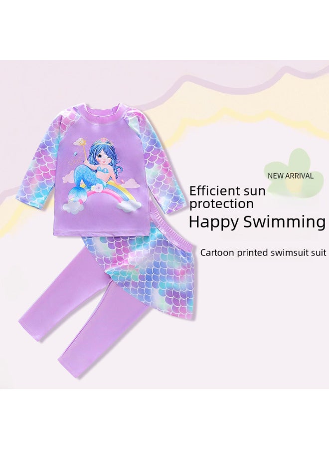 Children's Swimsuit Girls Split Two-piece Long Sleeve Swimsuit Mermaid Children's Clothing Swimsuit Wholesale-Color:light Purple-NT11556 (swimsuit Cap Goggles)- - Image 2