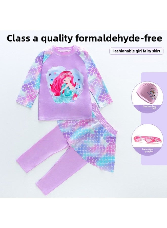 Children's Swimsuit Girls Split Two-piece Long Sleeve Swimsuit Mermaid Children's Clothing Swimsuit Wholesale-Color:light Purple-NT11556 (swimsuit Cap Goggles)- - Image 1