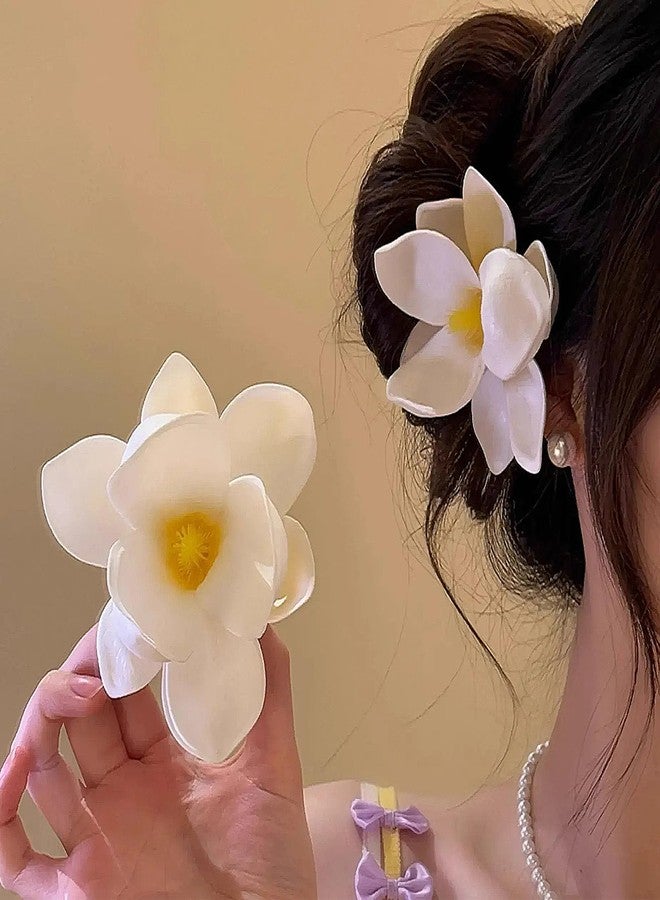 TUCEWP Hawaiian Flower Hair Clips for Women Girls White Artificial Tropical Plumeria Floral Barrettes Big Foam Frangipani Magnolia Flower Headpieces Luau Beach Pool Vacation Wedding Hair Accessories - Image 1