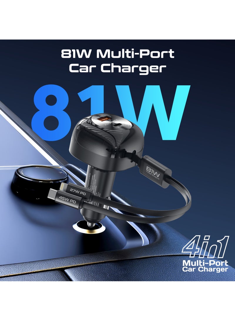 PROMATE Car Charger With 81W Total Output, Super-Fast PD36W USB-C Port, Ultra-Fast Retractable 45W PD USB-C Cable, 27W Lightning Retractable Cable, 18W QC 3.0 Port, Charge Protection, PowerDrive-RCi81 black - Image 2