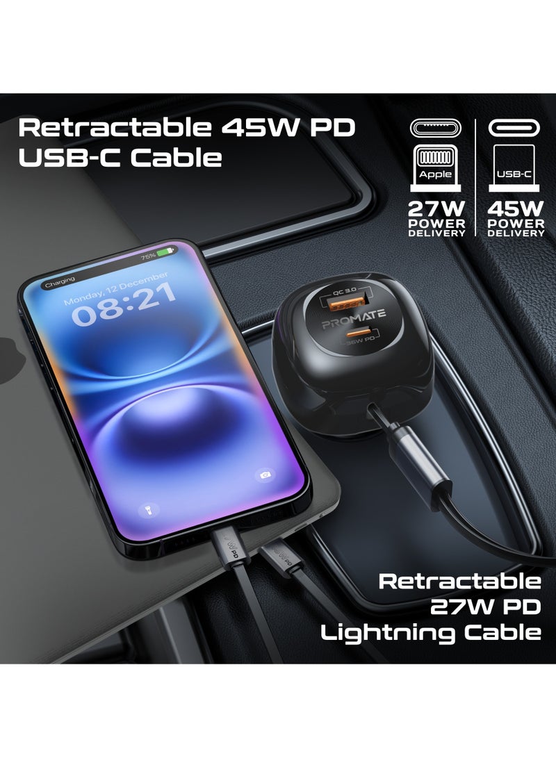 PROMATE Car Charger With 81W Total Output, Super-Fast PD36W USB-C Port, Ultra-Fast Retractable 45W PD USB-C Cable, 27W Lightning Retractable Cable, 18W QC 3.0 Port, Charge Protection, PowerDrive-RCi81 black - Image 4