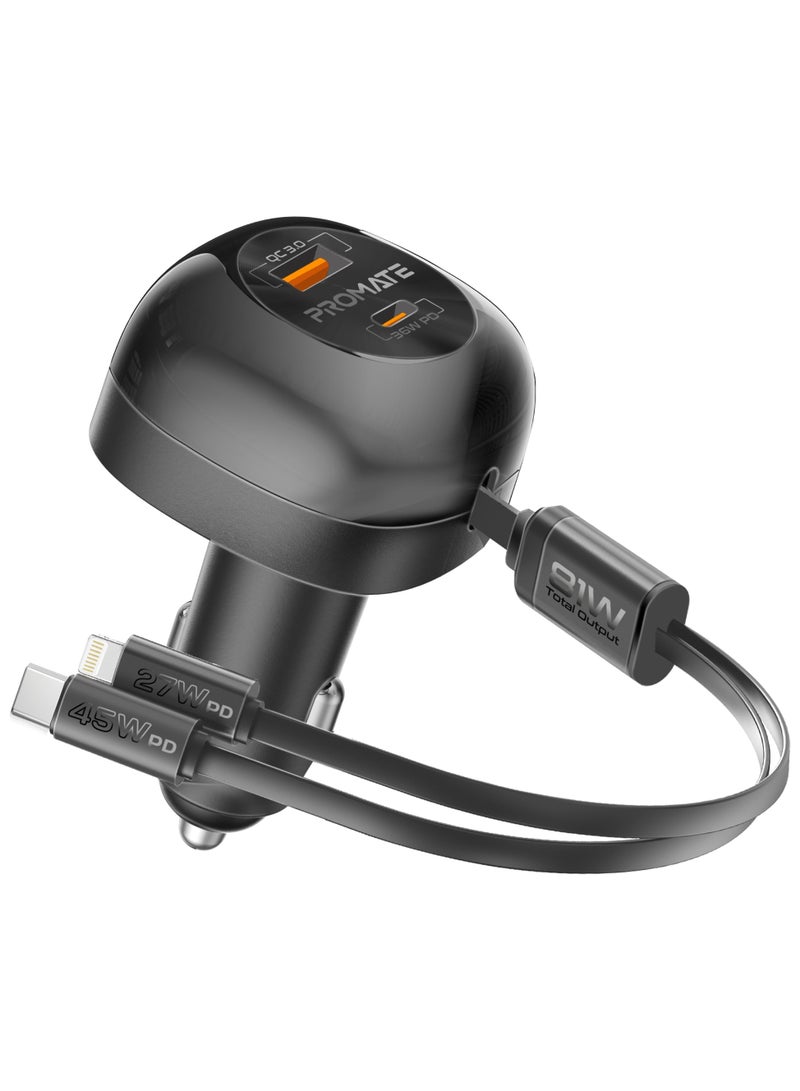 PROMATE Car Charger With 81W Total Output, Super-Fast PD36W USB-C Port, Ultra-Fast Retractable 45W PD USB-C Cable, 27W Lightning Retractable Cable, 18W QC 3.0 Port, Charge Protection, PowerDrive-RCi81 black - Image 1