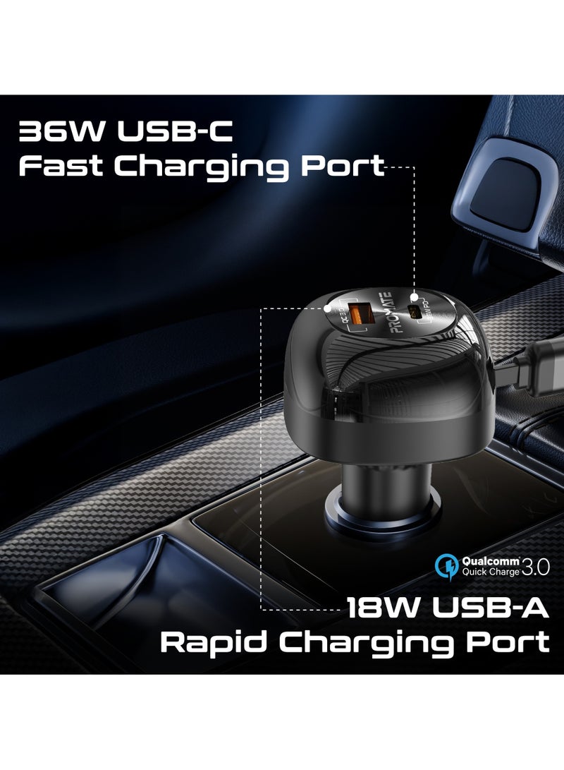 PROMATE Car Charger With 81W Total Output, Super-Fast PD36W USB-C Port, Ultra-Fast Retractable 45W PD USB-C Cable, 27W Lightning Retractable Cable, 18W QC 3.0 Port, Charge Protection, PowerDrive-RCi81 black - Image 3
