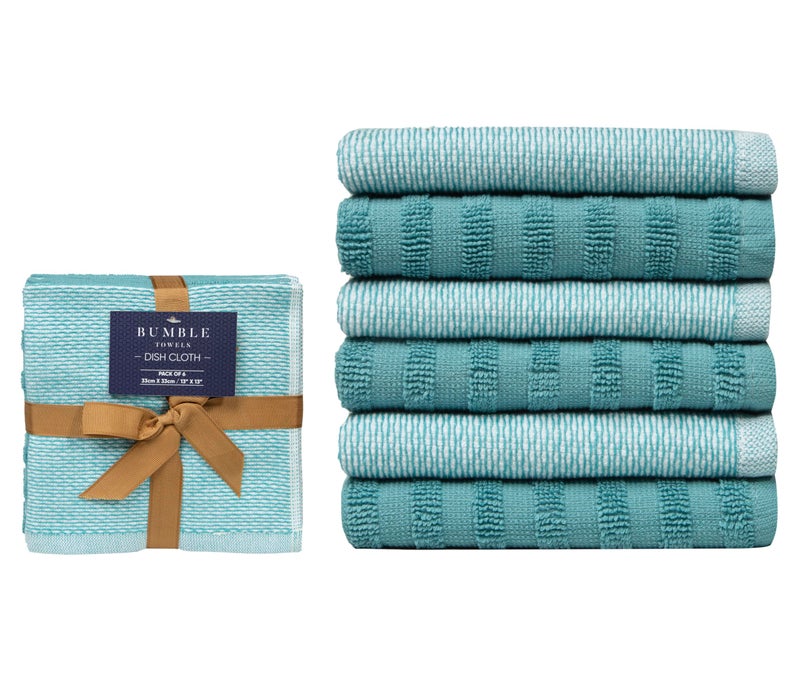 Bumble Towels Bumble Premium Dish Cloths 13"x13" (6 Pack) | 100% Natural Ring Spun Cotton | 400 GSM | Highly Absorbent & Soft |Yarn Dyed & Solid Dyed Terry Dish Cloth Set - Aqua - Image 2