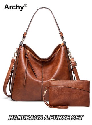 Hobo Bags for Women Handbags Purse Ladies Boho Shoulder Bag Crossbody Purses PU Leather Brown 2 PCS Large Ladies Leather Handbag Ladies Shoulder Bag Messenger Bag