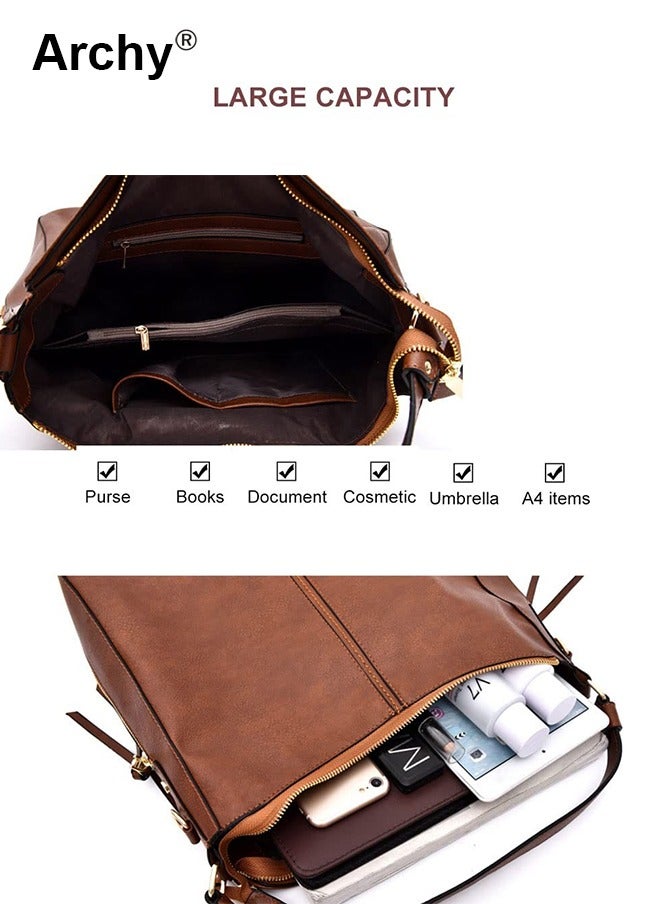 Archy Hobo Bags for Women Handbags Purse Ladies Boho Shoulder Bag Crossbody Purses PU Leather Brown 2 PCS Large Ladies Leather Handbag Ladies Shoulder Bag Messenger Bag  - Image 5