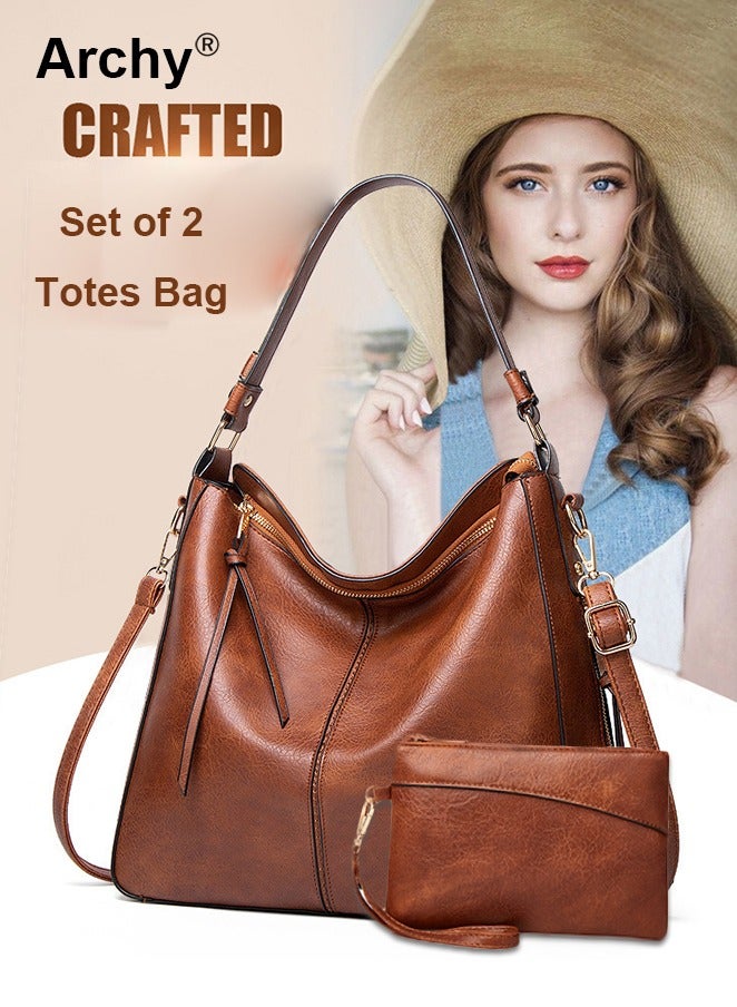 Archy Hobo Bags for Women Handbags Purse Ladies Boho Shoulder Bag Crossbody Purses PU Leather Brown 2 PCS Large Ladies Leather Handbag Ladies Shoulder Bag Messenger Bag  - Image 2