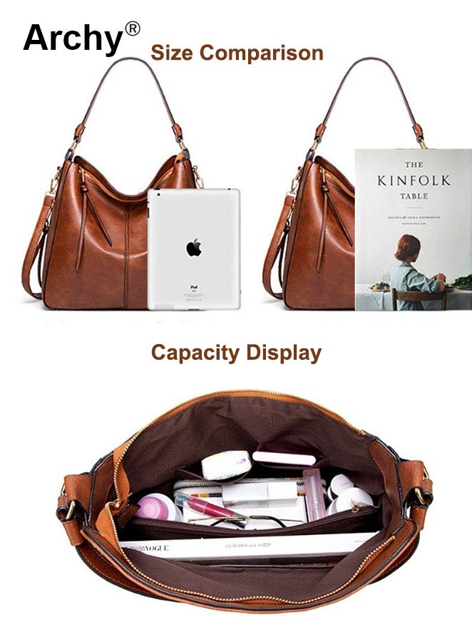 Archy Hobo Bags for Women Handbags Purse Ladies Boho Shoulder Bag Crossbody Purses PU Leather Brown 2 PCS Large Ladies Leather Handbag Ladies Shoulder Bag Messenger Bag  - Image 4