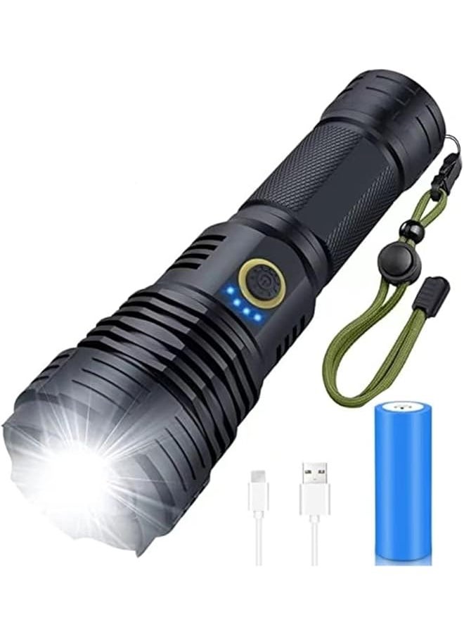PROMASS promass Rechargeable LED Torch High Lumen, 90000 Lumen Super Bright Tactical with 5 Light Modes and 26650 Battery Zoom Waterproof for Hiking Camping Ride or Emergency (Black) 