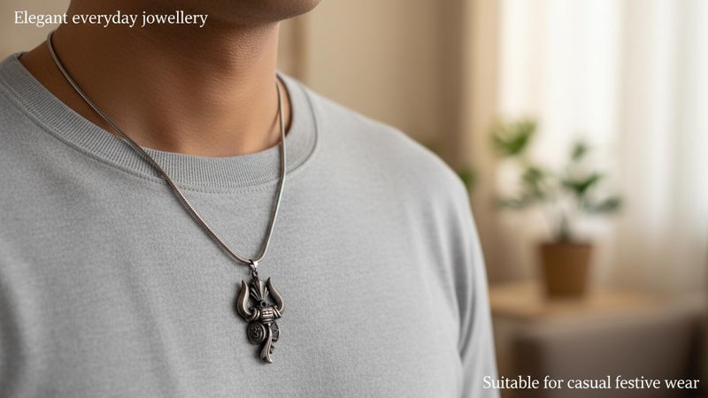 AFH Lord Shiva Om Trishul Damaru Grey Locket with Snake Chain Religious Décor Hanging Ornament - Image 3