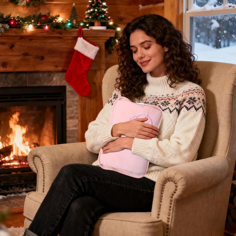 زجاجة ماء ساخن كهربائية وردية قابلة لإعادة الشحن مع غطاء مخملي لتشنجات الدورة الشهرية وآلام العضلات - Image 5