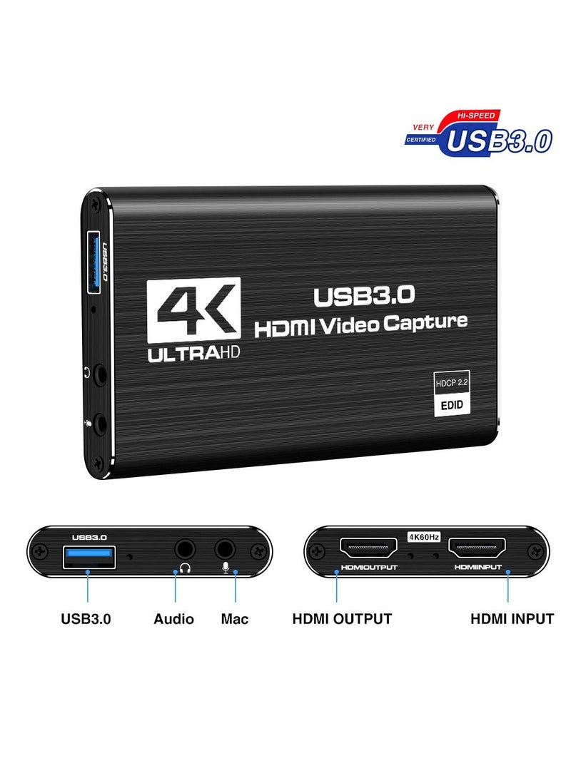 Audio Video Capture Card, HDMI USB3.0 4K 1080P 60fps Reliable Portable Video Converter for Game Streaming Live Broadcasts Video Recording Black - Image 2