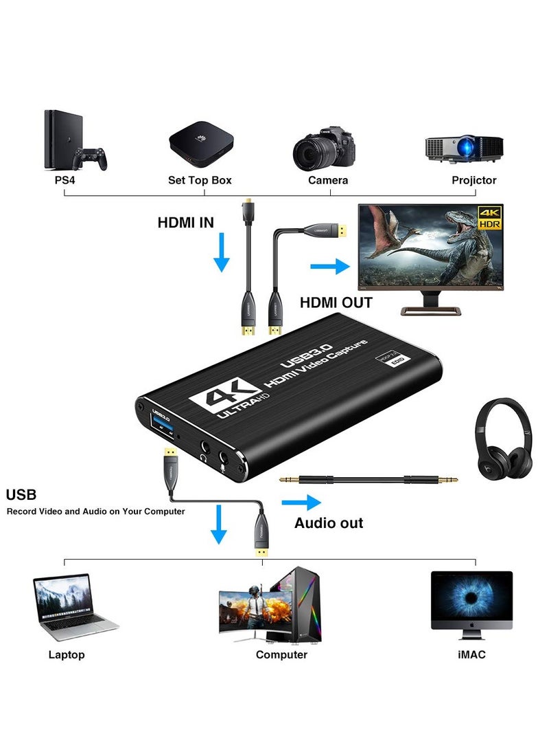 Audio Video Capture Card, HDMI USB3.0 4K 1080P 60fps Reliable Portable Video Converter for Game Streaming Live Broadcasts Video Recording Black - Image 3