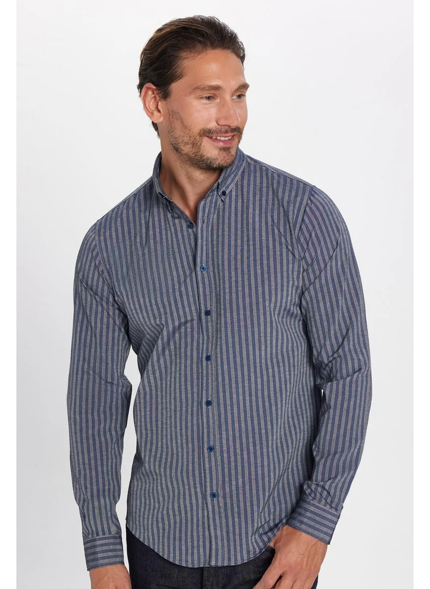 Tudors Men's Slim Fit Slim Fit Long Sleeve Cotton Easy Iron Striped Gray Button Down Collar Shirt