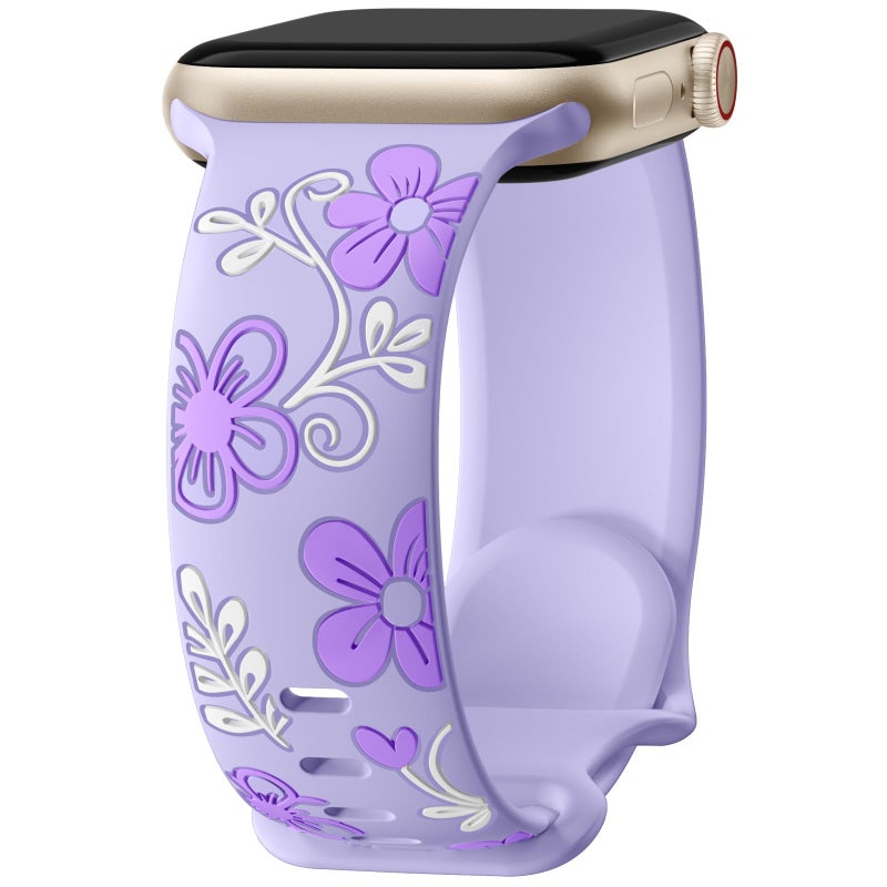 Witzon Floral Engraved Band Compatible with Apple Watch Band Women 41mm 40mm 38mm 42mm 44mm 45mm 46mm 49mm, Soft Silicone Cute Flower Accessories for iWatch Series 11 10 9 8 7 6 5 4 3 2 1 SE Ultra - Image 1