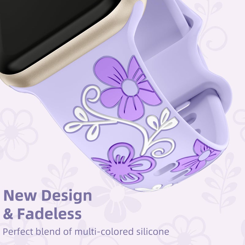 Witzon Floral Engraved Band Compatible with Apple Watch Band Women 41mm 40mm 38mm 42mm 44mm 45mm 46mm 49mm, Soft Silicone Cute Flower Accessories for iWatch Series 11 10 9 8 7 6 5 4 3 2 1 SE Ultra - Image 3